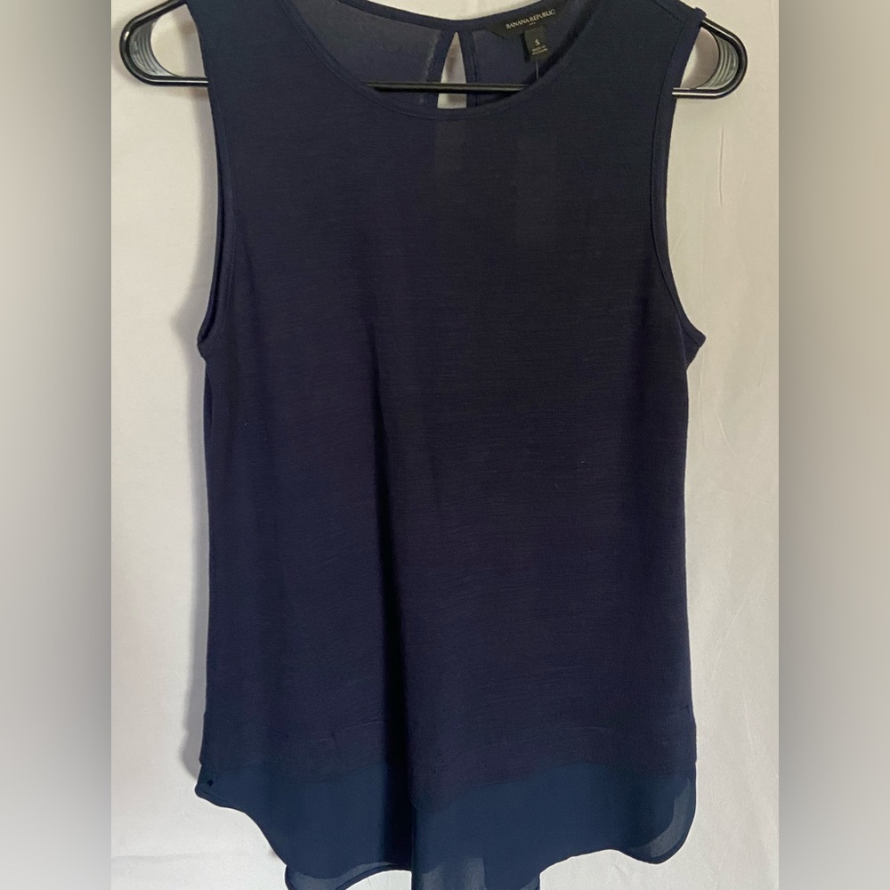 Banana Republic tank with blouse like material at bottom. Navy blue.